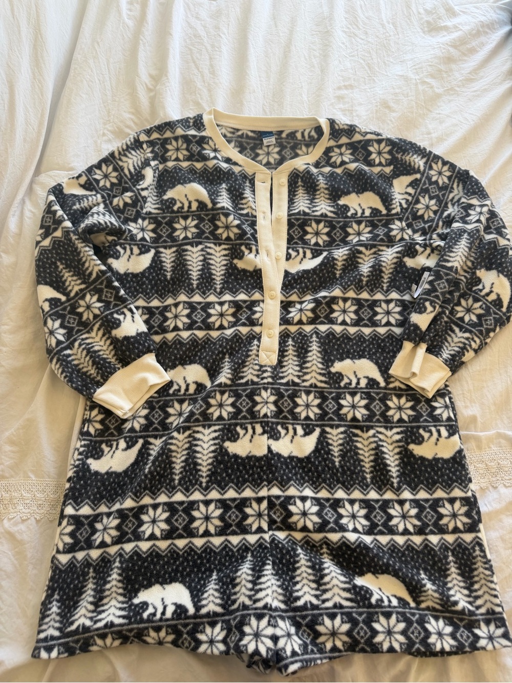 Old Navy Polar Bear Print Kids Fleece Pajama Romper - Cream & Black